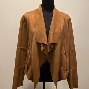 Baccinni Faux Suede Moto Jacket Size L Cognac Waterfall Drape Front Silhouette